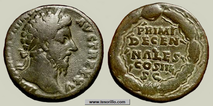 Sestercio de Marco Aurelio. PRIMI DECENNALES COS III /S C. Marco_aurelio_m12